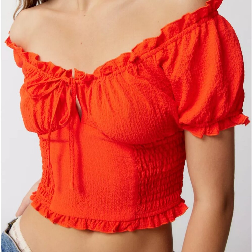 Urban Outfitters Red Hot Puff Sleeve Top - Off the Shoulder Shirred Blouse